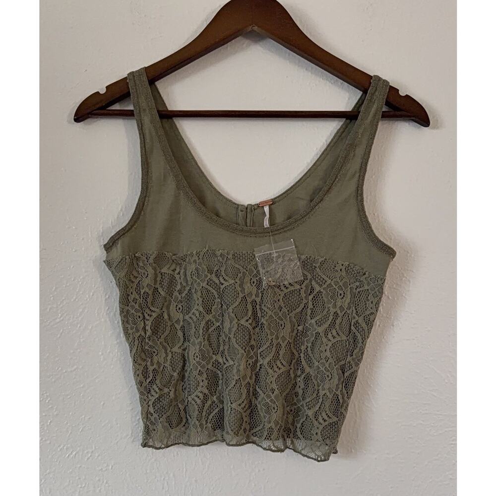 Free People Lace Tank Top M Reversible Olive Green Button Front Boho Crop - Picture 5 of 8